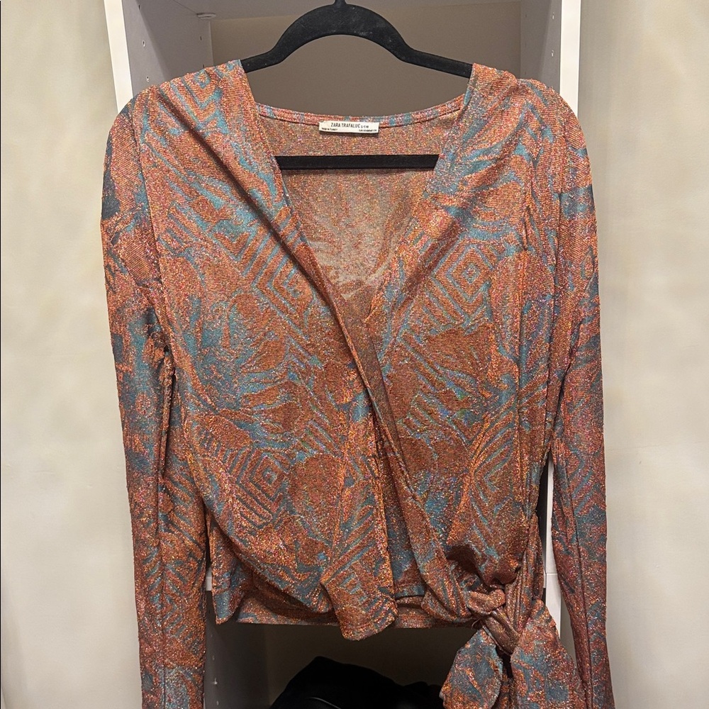 Zara Orange and Blue Geometric Wrap Blouse